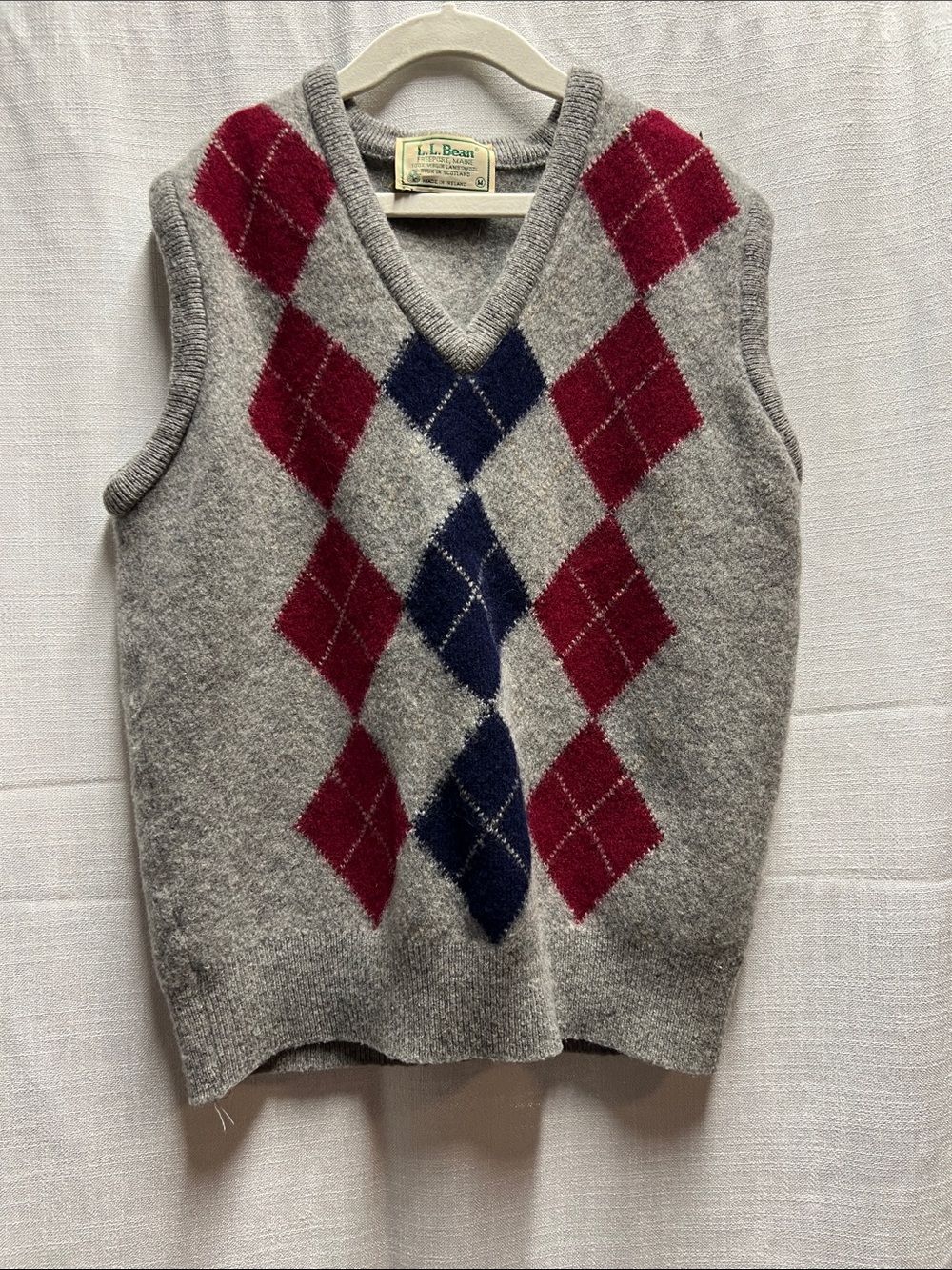 Vintage L.L. Bean Gray Wool Argyle Vest with Red & Navy Diamonds 100% Wool